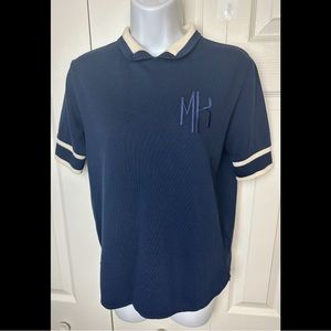 MAISON KITSUNÉ Paris France Polo Short Top Blouse Navy Blue Ivory Striped Sleeve